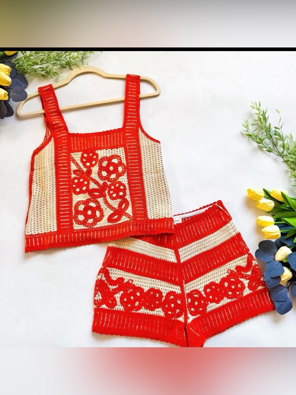 NWT Crochet Floral Tank Top & Shorts Set in Red and Cream - Women's Shorts